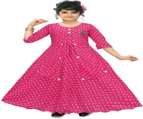 FAB 1 Girls Maxi/Full Length Party Dress (Pink, 3/4 Sleeve)