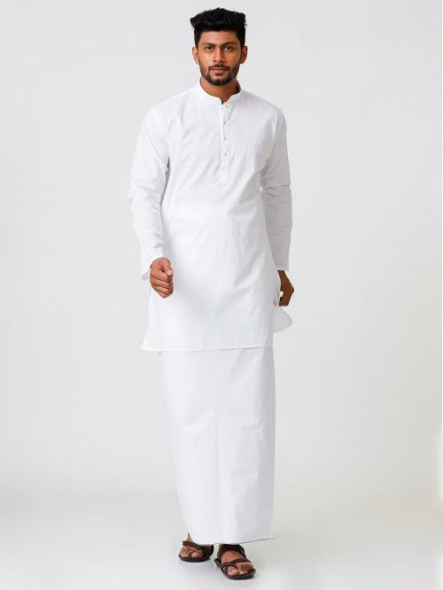 Ramraj Men White Long sleeves Solid Mandarin Cotton Kurta & Dhoti.