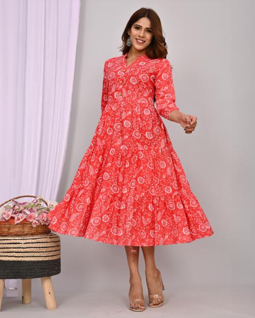FABRU Women Light Red With White Floral Printed Cotton Dress|Women Dress|Dresses For Women|Party Dress