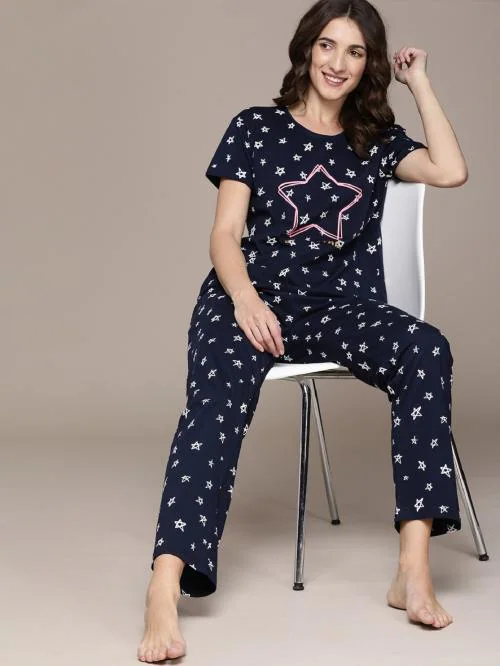 Beebelle women's Cotton Star Printed Navy Night Suit Set of T-Shirt & Pajama 1020