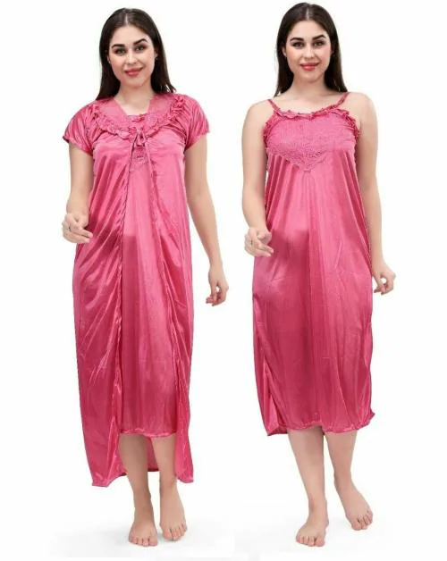 BAILEY SELLS Women Pink Solid Satin Blend Night Dress Free Size