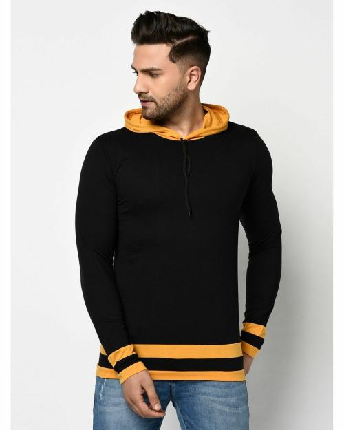 Glito Striped Black & Mustard Full Sleeves Hoodie T-shirts For Men's
