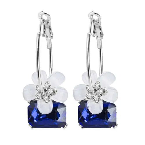 Kairangi by Yellow Chimes Blue Metal Silver Hoop With Flower and Blue Stone Hanging Drop Earrings for Women and Girls - 8 cm
