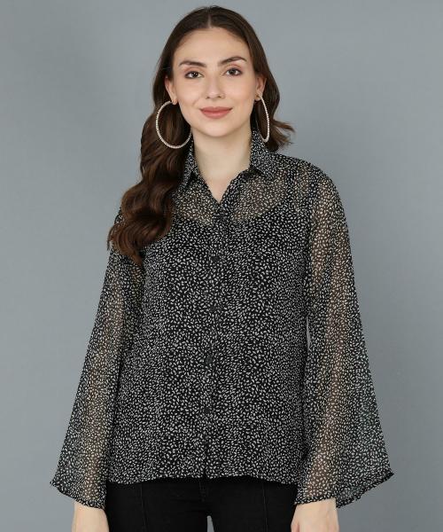 Fashfun women's shirt (Black printed semi-transparent shirt with full sleeve & collared neck)