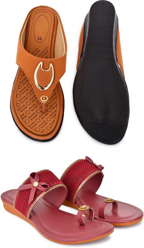 Buy A S RETAIL Women Flat Sandals (Maroon and Tan) Size 5 Pack of 2 Online at Best Prices in