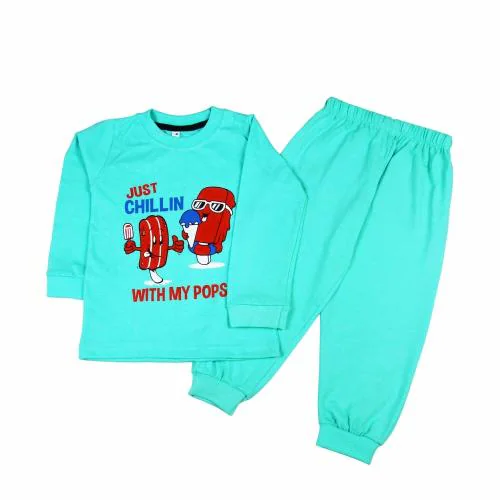 Sakuya Cute Fun Cartoon Print Breathable Cotton Full Sleeve Tshirt & Pant Clothing Set for Nightwear Sleepwear Casual Travel for Unisex Kids Boys Girls_Blue_3-4 Y