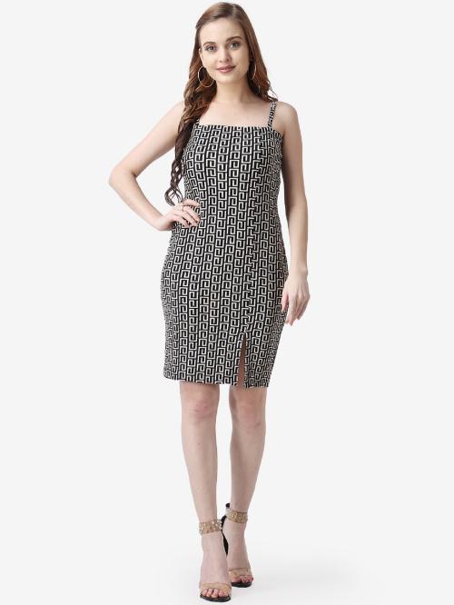 Popwings Women Casual Black & White Color Block Printed Bodycon Slit Noodle Strap Dress