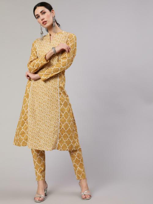 Aks Mustard & White Printed Lurex Design A-line Kurta