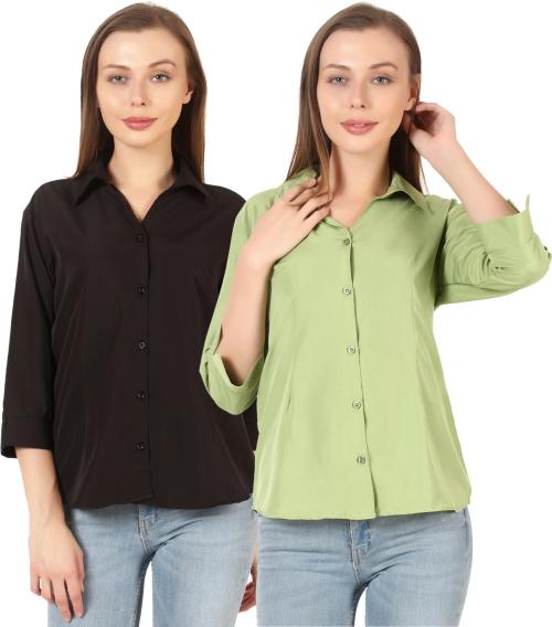 HUNOOR Womens Black and Light Green Solid Crepe Pack of 2 Formal Shirt l women shirt l casual shirt for women