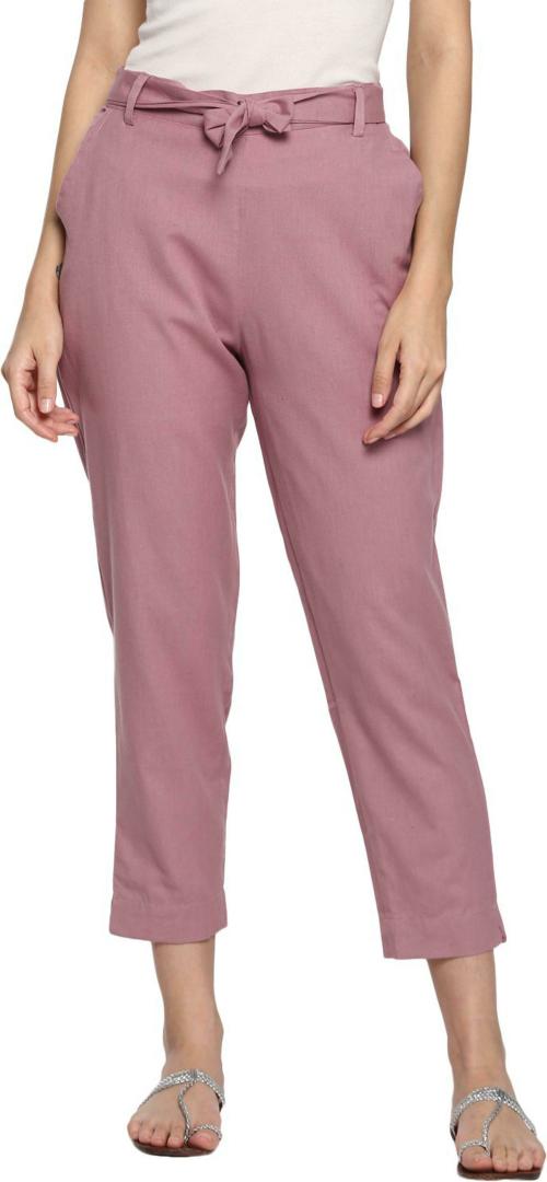 Aawari Women Pink Solid Cotton Linen Blend Single Trousers (L)