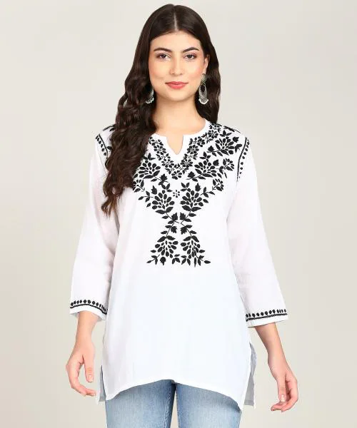 Vahson Women White and Black Chikankari Hand Embroidered Pure Cotton A-Line Kurti