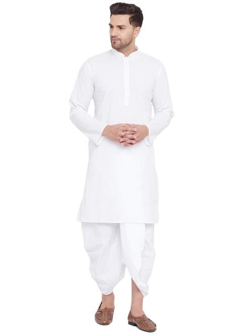 Vastramay Men's White Cotton Kurta And Dhoti Set