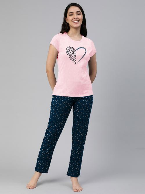 Lyra Printed Nightsuit for Women-Light Pink