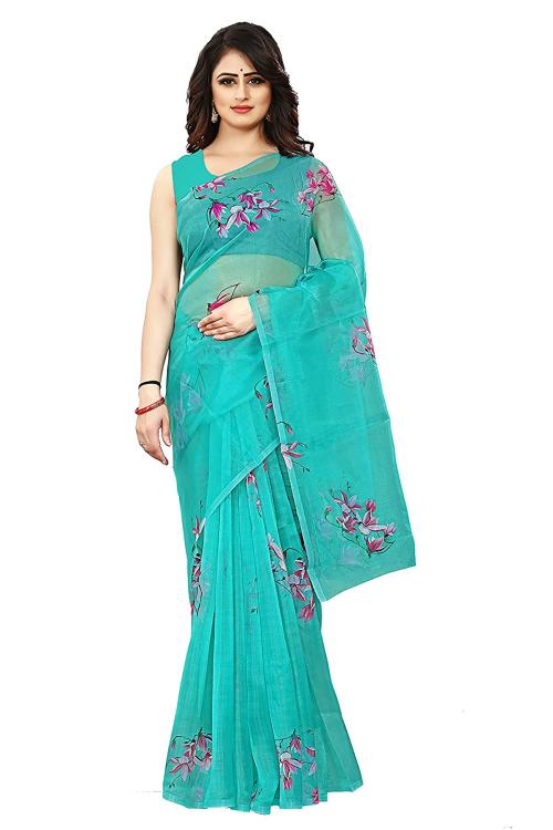 Pyos Women's Blue Floral Printed Premium Organza Saree Pack of 1