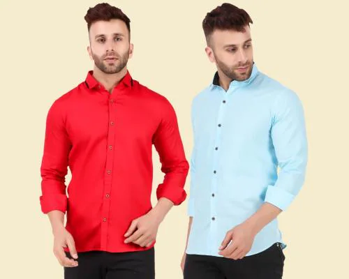 Allan Peter Men Red and Light Blue Solid Pure Cotton Casual Shirt- Pack of 2