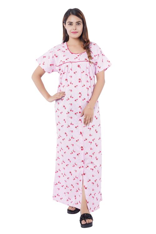 NACNO Women's Printed Pure Cotton Front Open Nighty/Maxi/Nightgown