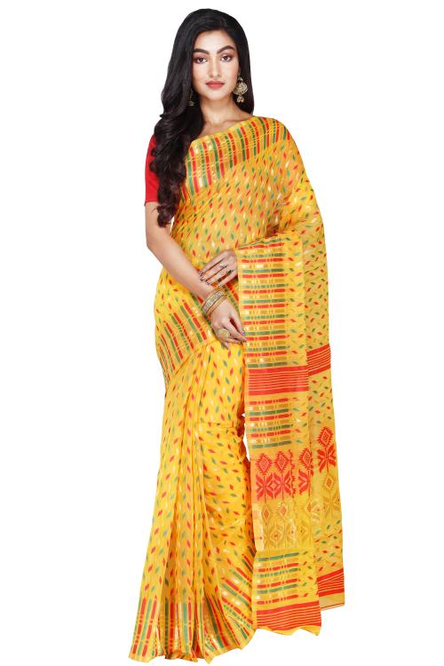 CRAFTONI Nimki Design Women Dhakai Jamdani Soft Cotton Silk Saree with Blouse Piece (Yellow)