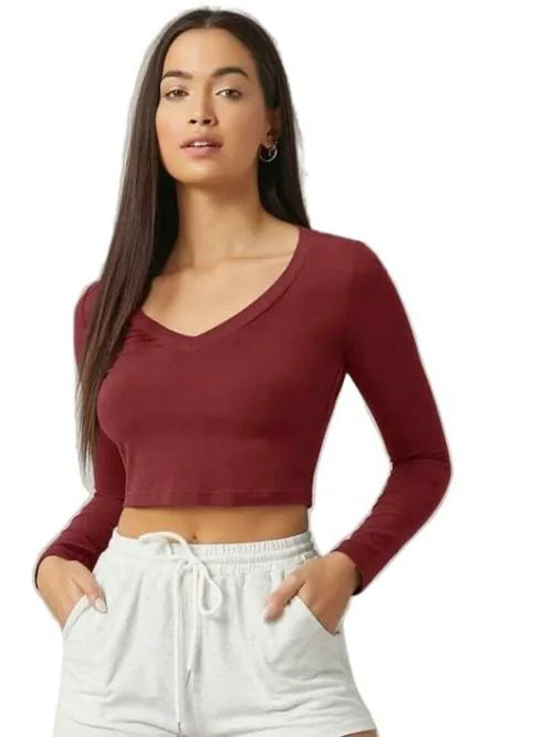 POOJARAN SAREE Full Sleeves Crop Top Rib Knit Tank Round Neck Ribbed Crop Cami Top & Stretchable Slim Fit Crop Top Suitable for Function,Office,Outdoor,Workout,Tracking