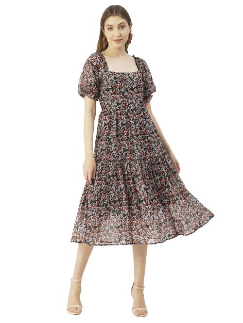 Buy Moomaya Women A-Line Georgette Floral Navy Blue Midi Skirt Online