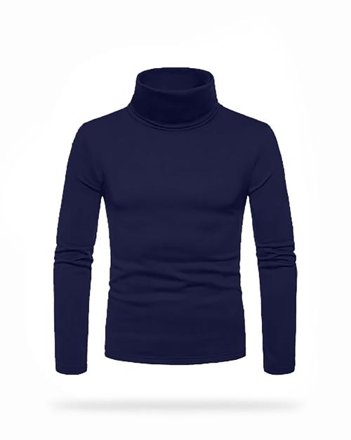 GESPO Navy Blue Solid High Neck Full Sleeve Casual T-Shirt