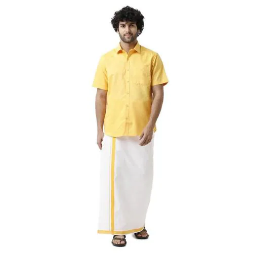 UATHAYAM Varna Dark Yellow Cotton Half Sleeve Solid Slim Fit Shirt and Fixit Welcro Pocket Dhoti For Men