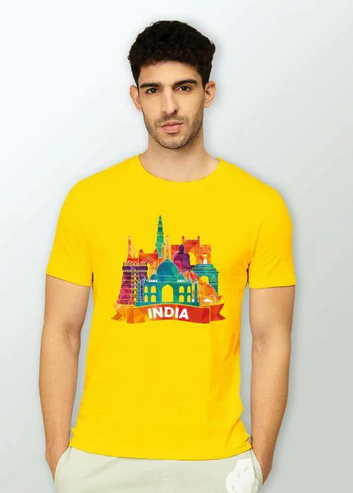 Estaban Men Yellow India Printed Cotton Blend T-Shirt (Xl)
