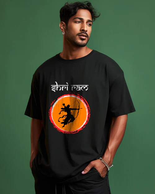 Prabhubhakti Men's Oversized Shree Ram Printed Black T-Shirt | Print Drop Shoulder Pure Cotton Oversized Tshirt for Men-S