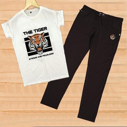 Krishna Men's Regular Fit Comfortable Oversized Half Sleeve Lycra T Shirt With Track Pant (White & Black) (Size-L)