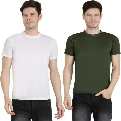 BENTAG Men Olive and White Solid Polyester Round Neck T Shirt (L, Pack of 2)