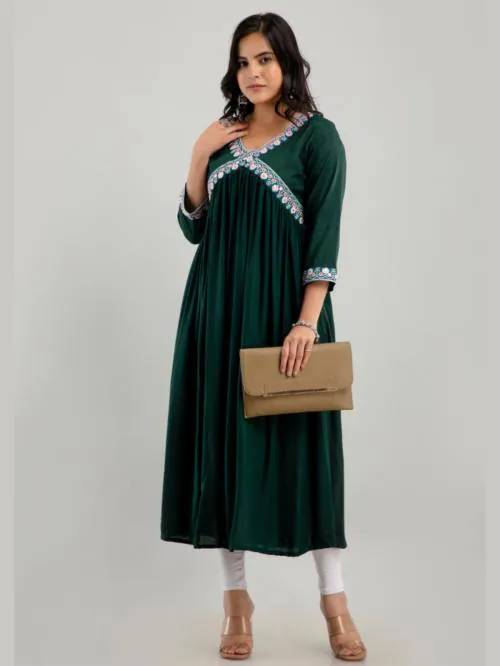 ftDiva Embroidered Aliya Cut Kurta in Dark Green