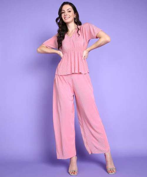 Popwings Women Casual Pink Wrinkle Shimmer Top & Palazzo Co-Ords Set | Top and Bottom Set