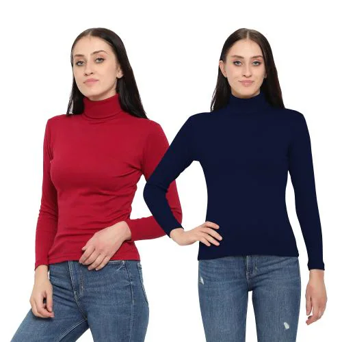Diaz Solid Women High Neck T-Shirt Mehroon,Navy
