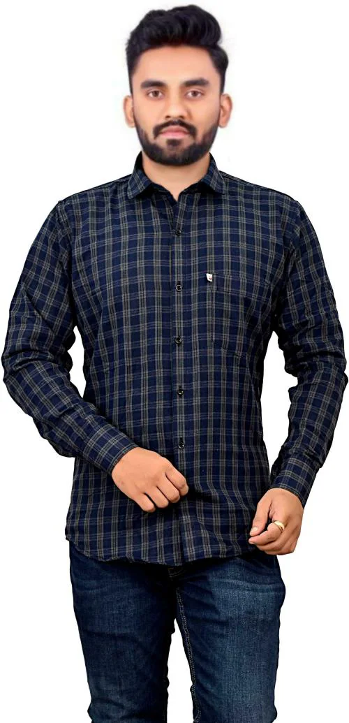 Marc Laurent Men Dark Blue Checkered Cotton Blend Casual Shirt (Medium)