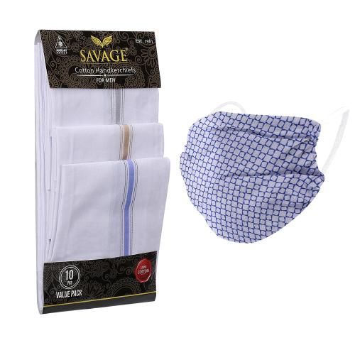 Savage Mens Formal Handkerchief, Cotton - White Set of 10 (39x39 cm) with Reusable Cotton Face Mask