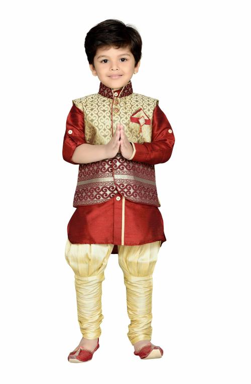 AJ Dezines Kids Silk Cotton Self Design Kurta Pyjama and Waistcoat Set for Boys