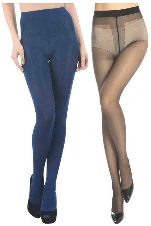 Neska Moda Women's 2 Pairs Black And Dark Blue Nylon Panty Hose Stockings