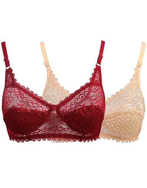 Ethlyn Women Lycra Lace Non Padded Maroon and Beige Full Coverage Bra Pack of 2