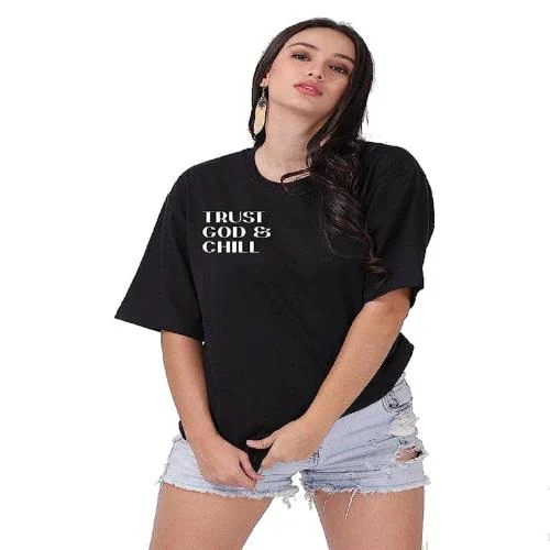 WEAR LUSSO Cotton Half Sleeve Trust God & Chill Printed Oversized T-Shirt for Women/Girls (Black)
