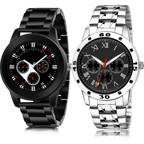 NIKOLA Classical Fancy Chain Watch And Silver Chain Black And Silver Colour Analog Stainless Steel Belt 2 Watch Combo For Boys And Men - B948-(73-S-19)