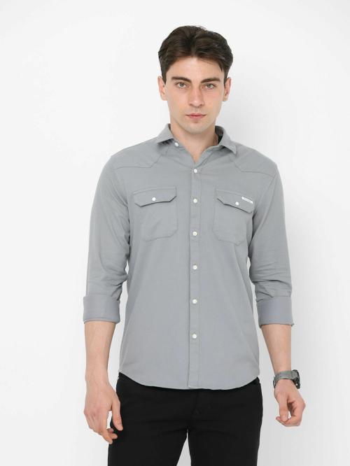 Fly69 Casual Men's Double Pocket Shirts Grey Colour XL Size | Slim Fit Casual Shirts | 100% Cotton Casual Shirts