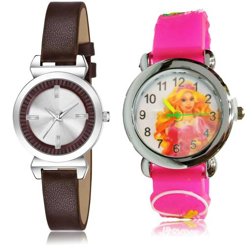 GROOT Latest Professional Simple And Doll Kids Brown And Pink Colour Analog Genuine Leather And Plastic Belt 2 Watch Combo For Women And Girls - GW19-GC39