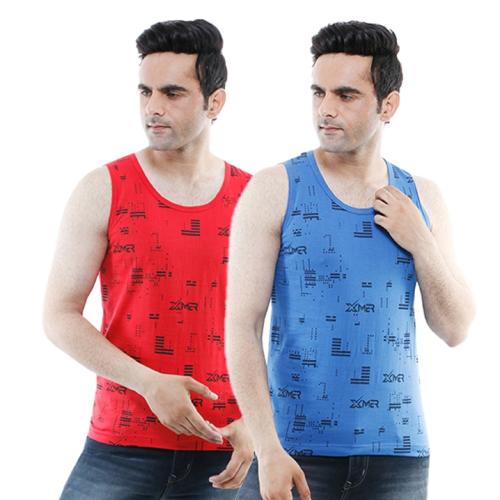Xmer Men's Cotton Multicolour Red And Royal Blue Colour Printed Vest Pack of 2