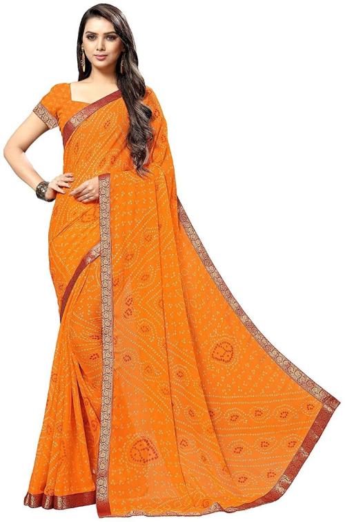 PANZORA Women Yellow Printed Chiffon Bandhani Saree with Unstitched Blouse Piece