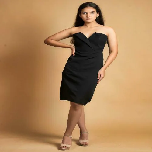 Womenue Womens Polyester Elegance Meets Style Premium Black Crepe Bodycon Dress ( Size:- Small)