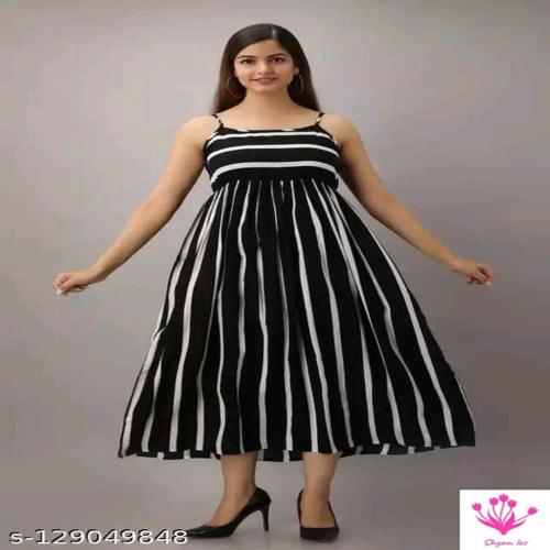 Striped Noodle Strap Dress Full Length Casual Western Dress for Women(Black) Small