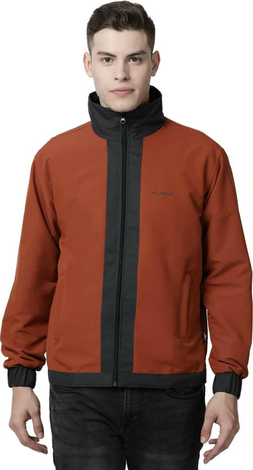 Plutus Men Maroon and Black Self Design Polyester Bomber Jacket L