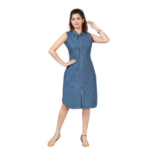 TAT2 FASHIONS womens blue colour denim fabric sleeveless knee length denim shirt dress-8073light
