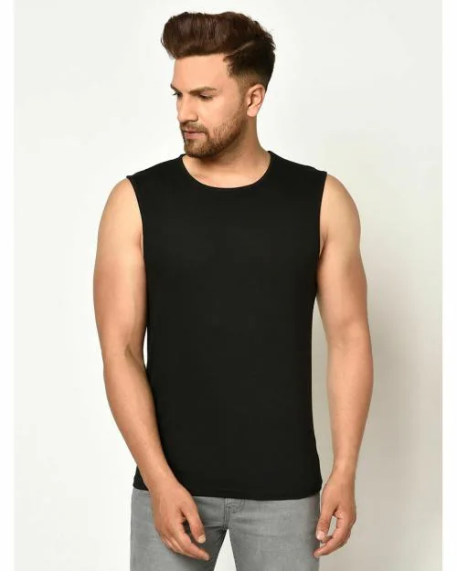 Glito Black Solid Round Neck Sleeveless Vest For Men's