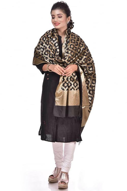 Naveera Womens Black Floral Silk Blend Kataan Zari Work Banarasi Dupatta Stole Scarf Chunni
