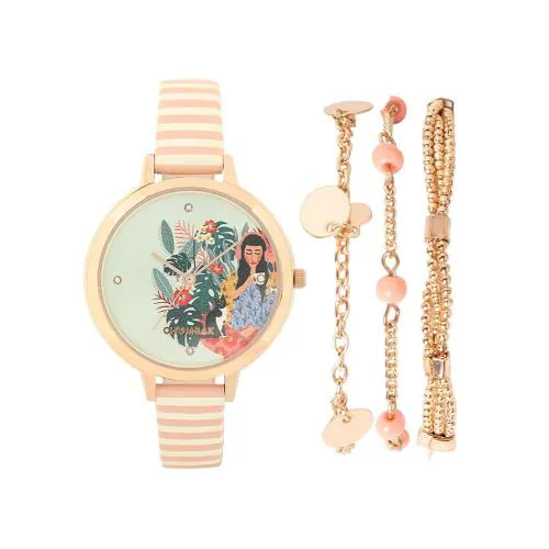 Chumbak Analog Multicolor Dial Gold Strap Watch And Bracelet Set For Women (Combo Of 4)